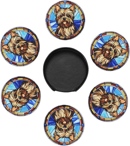 Drink Coaster Set of 6, Yorkshire Terrier Dog Mom Lover Gift,Leather Drink Coasters with Holder,6 Pack Cup/Bar/Drink Coasters for Table/Drinks/Coffee Protection Housewarming Gift