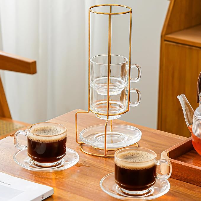 5.4 oz Espresso Cups Set of 4, Stackable Glass Coffee Cups - Image 3