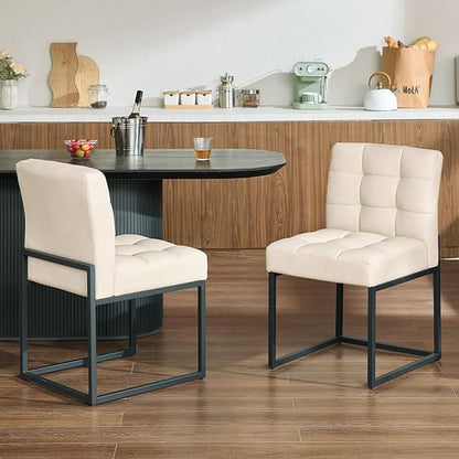 Beige Faux Leather Dining Chairs Set of 2, Mid-Century Modern Dining Room Chairs with Armless, Checkered Kitchen Chair with Metal Legs