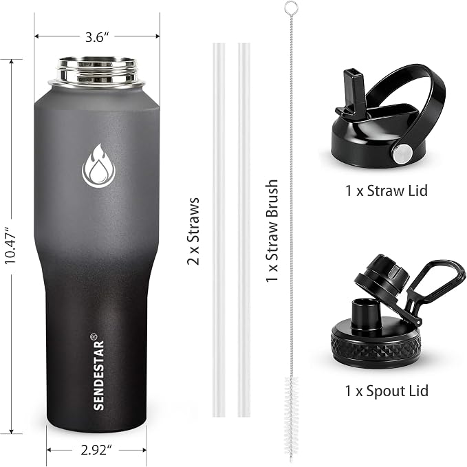 SENDESTAR Water Bottle 32oz, 2 Lids, Wide Mouth Stainless Steel Vacuum - Image 4