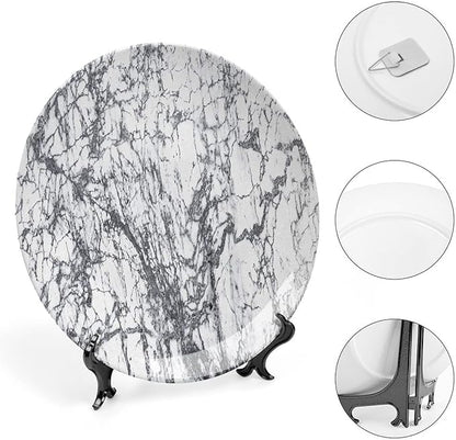 Decorative Plates, Abstract Print Ornament, Murky Marble Rock Motifs Dynamic Fractal, 8 Inch, Kitchen Wall Decor, Grey White