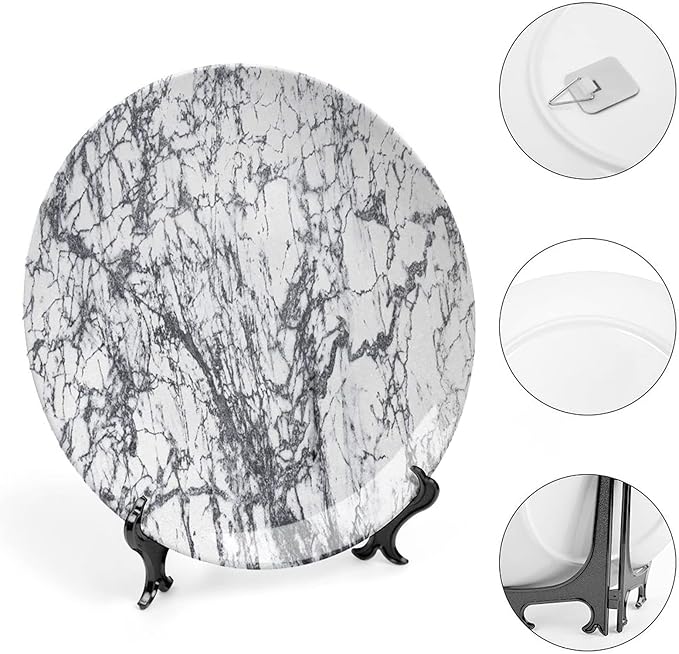 Ceramic Plates, Abstract Decorative Ceramic Plates, Murky Marble Rock Motifs Dynamic Fractal, 10 Inch, Household Plates Decorative, Grey White
