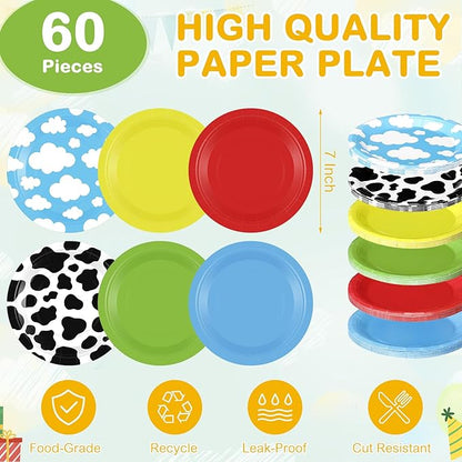 60 Pcs 7 Inch Toy Inspired Paper Plates Cow Pattern Cloud Plates Decorations Yellow Red Blue Green Disposable Dessert Dish for Party Farm Themed Birthday Party Supplies