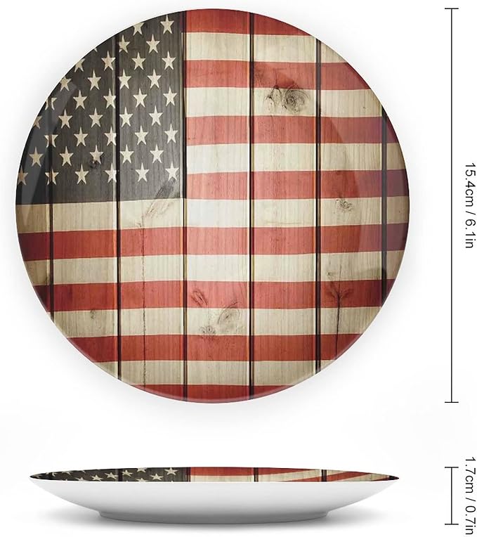 Ceramic Display Plate, American Flag Decor Ceramic Hanging Decorative Plate, USA Flag Over Vertical Striped Wooden Board, 6 Inch, Household Custom Ceramic Plate, Blue Red