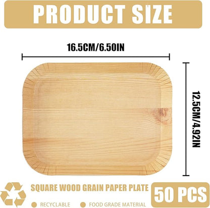 50 Pcs Wood Grain Paper Plates, 6.5 Inch Rectangle Plates, Disposable Rustic Party Plate for Woodland Baby Shower, Camp Fire, Camping, Lumberjack Birthday Party Supplies (S)