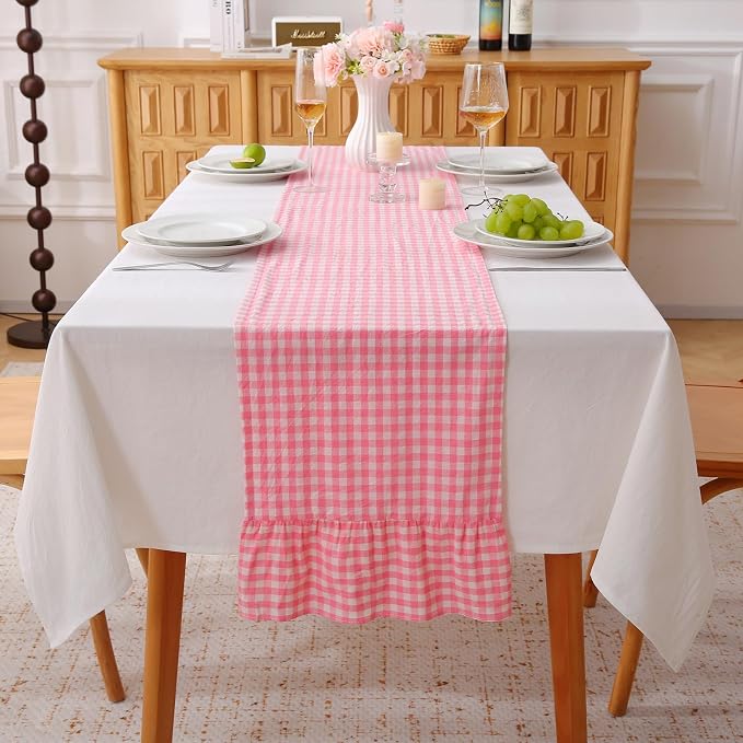 Coral Pink White Plaid Gingham Ruffle Table Runner 108 inches Long 100% Washed by KMASANIJI