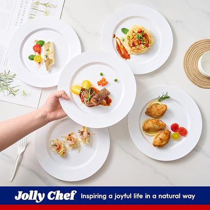 JOLLY CHEF 100 Pieces White Plastic Plates-10 Inch Elegant Disposable Plastic Plate, Disposable White for Weddings,Parties,Christmas,Birthdays and Events