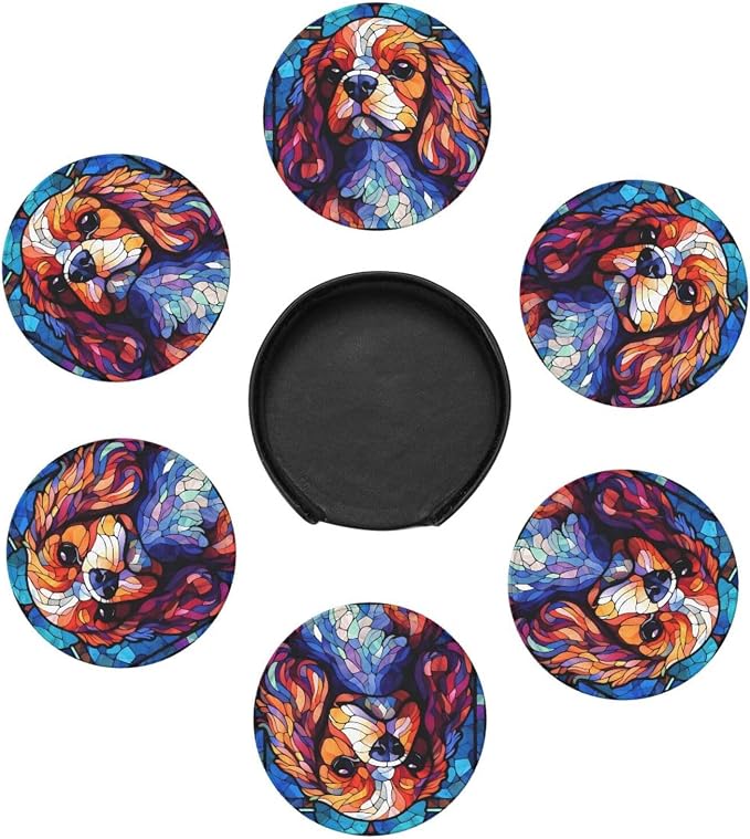 King Charles Cavalier Stained Dog Breed Glass Art Leather Drinks Coasters - Image 2