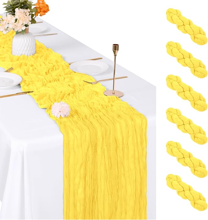 6 Pack Lemon Yellow Cheesecloth Table Runner, 17 x 108 inch, Semi Sheer Boho by ACSUIT
