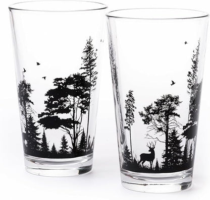 Black Lantern Pint Glasses Forest Animal Landscape Pint Glasses Set - 2 16oz. Beer Glasses