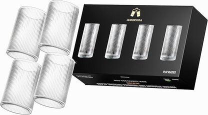 LEMONSODA Vintage Straight Line Highball Cocktail Drinking Glasses and Tumblers 10oz, 12oz (12 oz, Set of 4) [2072]