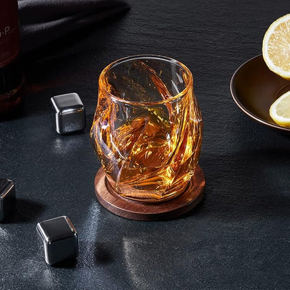 Whiskey Glasses Set of 2, Rocks Glass, 8.5 OZ Drinking Glasses, Creative Twisted Crystal Old Fashioned Cocktail Glass Tumbler for Bourbon, Scotch, Tequila, Cognac, Rum