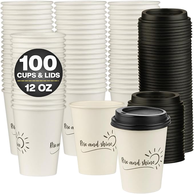 Disposable Coffee Cups with Lids, To Go Paper Hot Cups, Rise and Shine Design by SMYGOODS