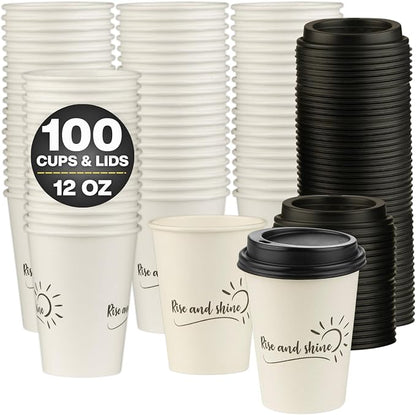 Disposable Coffee Cups with Lids, To Go Paper Hot Cups, Rise and Shine Design by SMYGOODS
