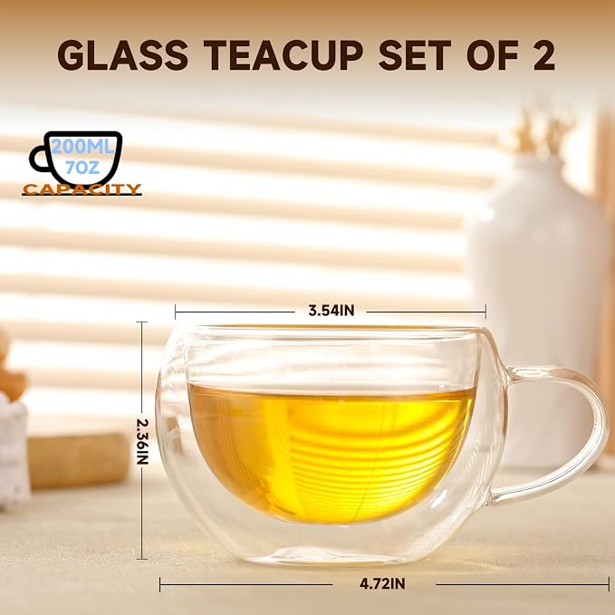 Double Wall Insulated Glass Tea Cups Set of 2, Glass Teacups Coffee Mugs - Image 2
