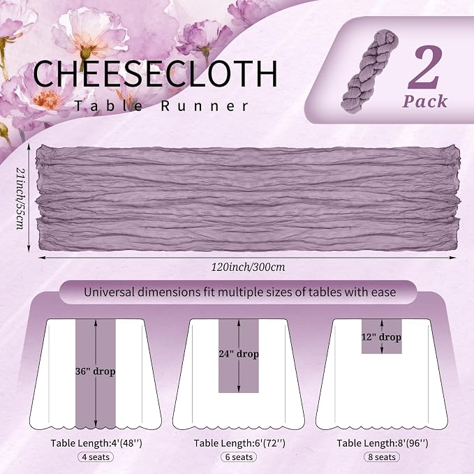 Showgeous 2 Pack Purple Cheesecloth Table Runners Boho Wedding Decor | Rustic - Image 2