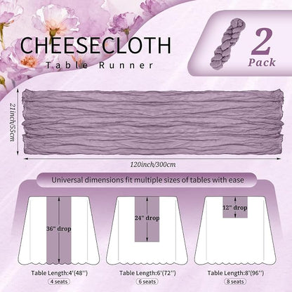 Showgeous 2 Pack Purple Cheesecloth Table Runners Boho Wedding Decor | Rustic - Image 2