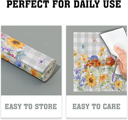 Giwawa Spring Floral Placemats, 12"x18" Summer Flowers Grey Checkered Linen Table Mats Set of 4, Watercolor Wildflower Butterfly Washable Heat Resistance for Seasonal Kitchen Dining Decor