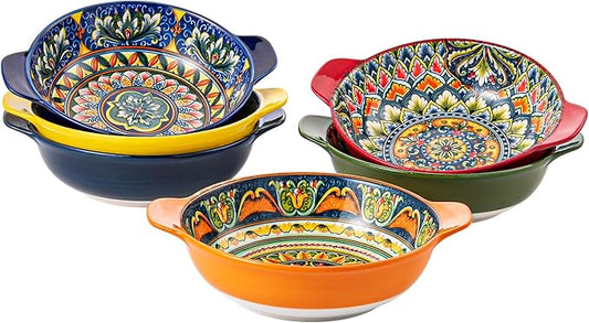 Henten Home Porcelain Pasta Bowls with Handle - 30 oz Ceramic Soup Bowls Set of 6, Colorful Serving Dishes for Salad, Cereal, Dinner, Bohemian Style, Microwave & Dishwasher Safe