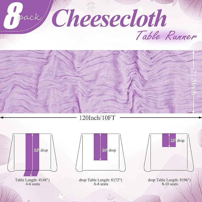 8 Pack Lilac Cheesecloth Table Runner 10FT Long Boho Gauze Fabric Table Runner - Image 2