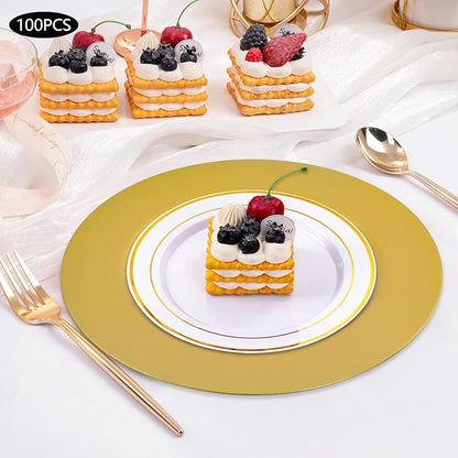 100 Pcs Antique Charger Plates Bulk, 13in Reusable Serving Plates Embossed Rim Plastic Party Dinner Plate Chargers Round Decorative Server Plate for Wedding Party Event Tableware