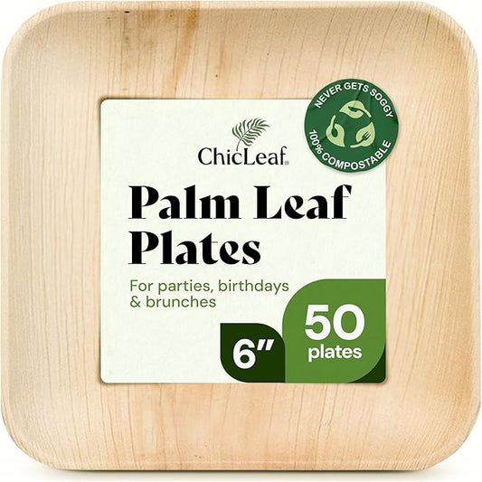 Chic Leaf Palm Leaf Compostable Plates - 6" Square, Pack of 50 - Disposable Dinnerware for Valentine's day, Rustic Bamboo Appetizer Plates, Romantic - Charcuterie Boards & Biodegradable Serviceware