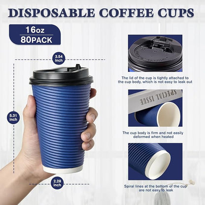 LITOPAK Coffee Cups 16 oz, 80 Pack Insulated Ripple Wall Hot Paper Cups | Three - Image 2