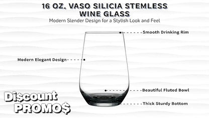 DISCOUNT PROMOS 10 Vaso Silicia Stemless Wine Glasses Set, 16 oz. - Clear, Orb-Like, Thick base - Black