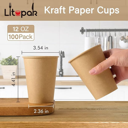 LITOPAK 100 Pack 12 oz Kraft Paper Coffee Cups, Disposable Coffee Cups | - Image 2