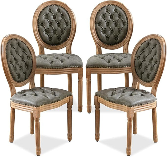 SoarFlash French Dining Chairs Set of 4, Vantage Dining Chair with Round Back, Farmhouse Country PU Leather Dining Chair for Kitchen,Bedroom,Green