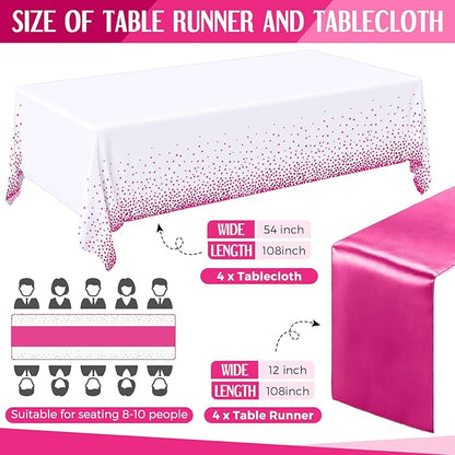 Breling 8 Pack White and Hot Pink Disposable Plastic Tablecloths and Satin Table Runner Set, 54 x 108 Inch Tablecloth, 12 x 108 Inch Table Runners for Birthday Baby Shower Wedding Graduation