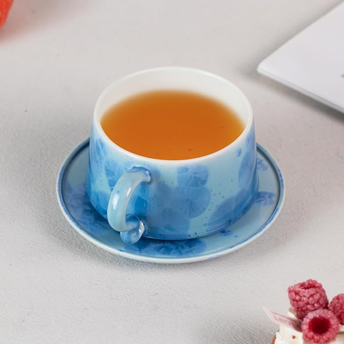 KAMMAK Tea Cups and Saucers Set of 2, 7.5 oz Glaze Coffee Mugs, 724N | - Image 4