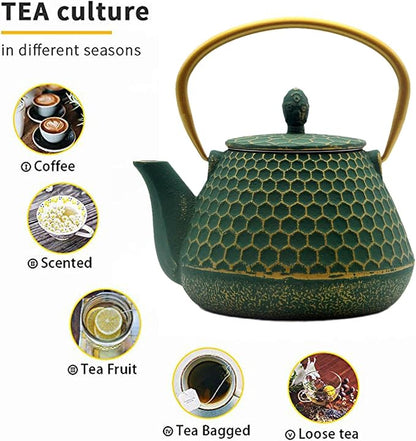 YJX Cast Iron Teapot and Cups Set, 33.8oz Hexagon Pattern Tea Pot Enameled - Image 2