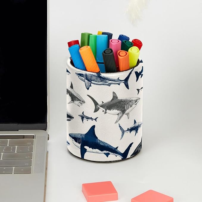 Leather Pen Holder for Desk, Sharks Pencil Cup Pen Organizer Makeup Brush - Image 5