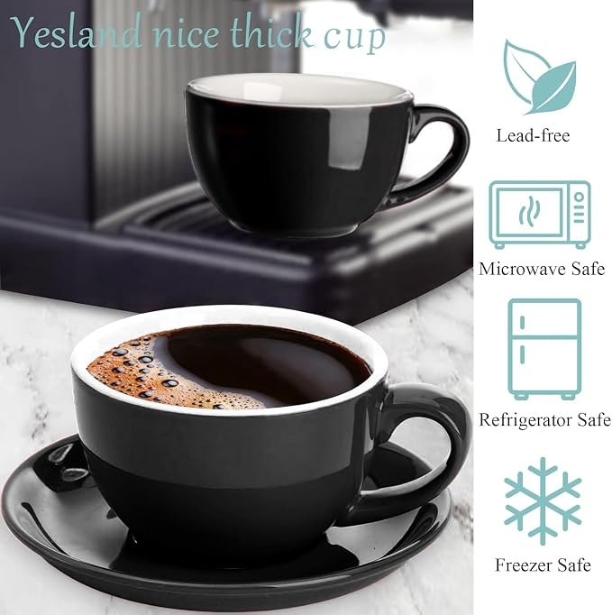 Yesland 2 Pack 8.5 oz Ceramic Coffee Cup and Saucer, Glossy Black Cappuccino - Image 3