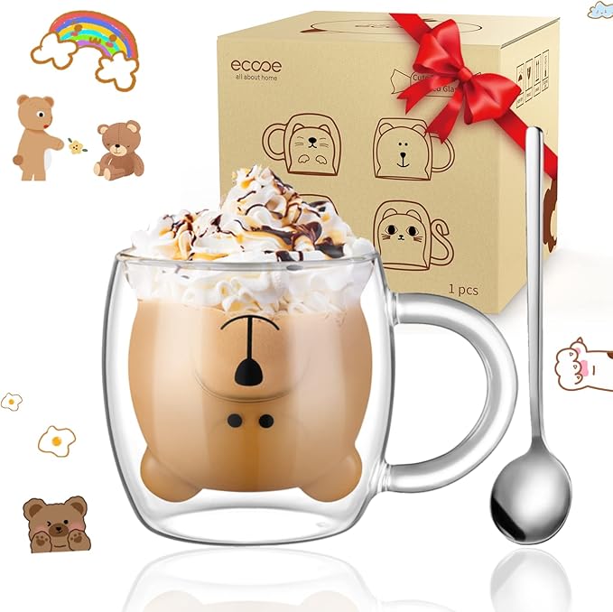 ecooe Cute Bear Mug Glass Coffee Cup 9.4oz Double Walled Glass Latte Mug | by ecooe