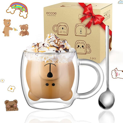 ecooe Cute Bear Mug Glass Coffee Cup 9.4oz Double Walled Glass Latte Mug | by ecooe