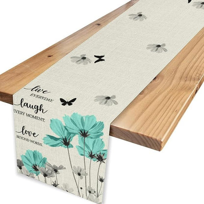 Blue Daisy Table Runner, Boho Spring Floral Flower Butterfly Farmhouse Coffee - Image 4