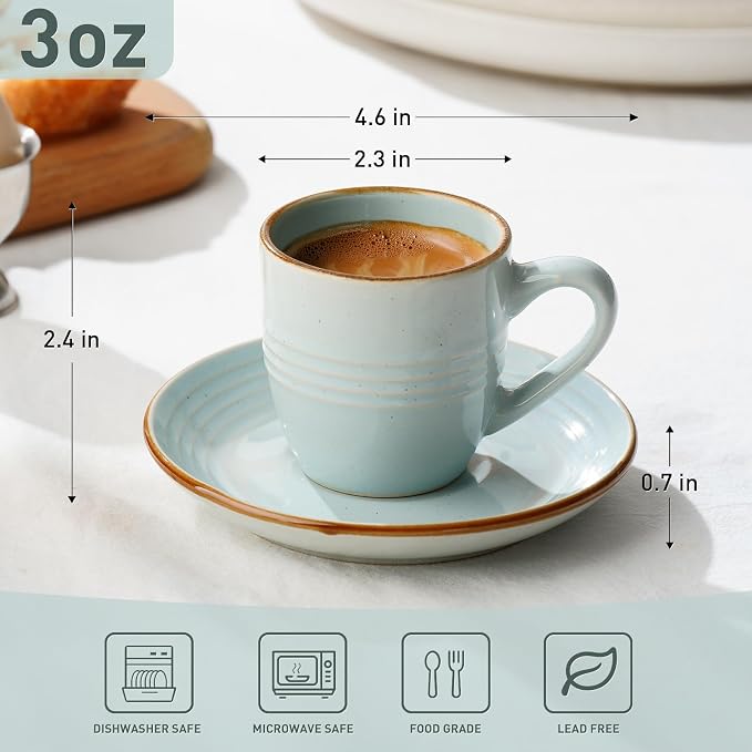 famiware 3oz Espresso Cups and Saucers, Light Blue | Ceramic Small Coffee Mug - Image 3