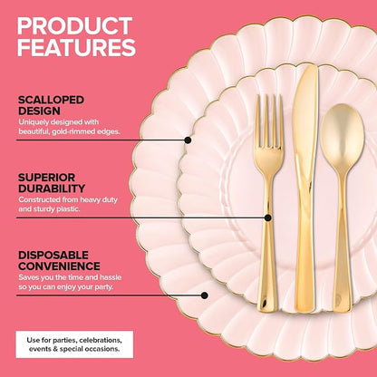 125 Piece Pink & Gold Scalloped Plastic Dinnerware Set - Image 3