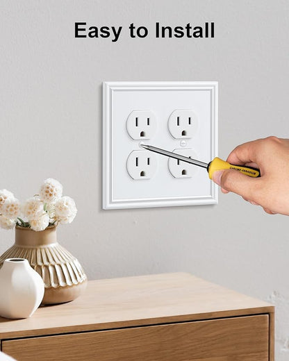 2-Pack Double Duplex Outlet Cover, Pure White Decorative Switch Plates and Outlet Covers for Electrical Outlets, Durable Zinc Alloy Wall Plates, 2 Gang Receptacle Cover, Corrosion Resistant
