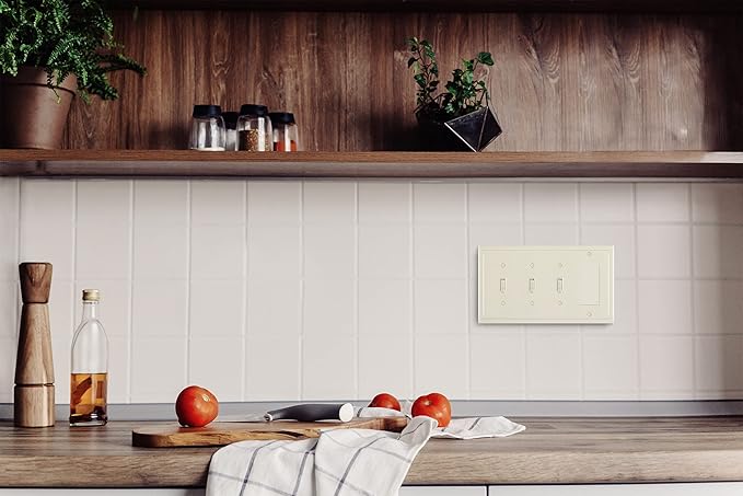 Henne Bery Modern Edge Decorative Wall Plate Switch Plate Outlet Cover, Durable Solid Zinc Alloy (Triple Toggle/Single Decorator, Light Almond)