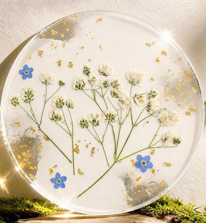 Oqplog Resin Drink Coasters for Desk Coffee Table- Elegant White Floral Dried by Oqplog