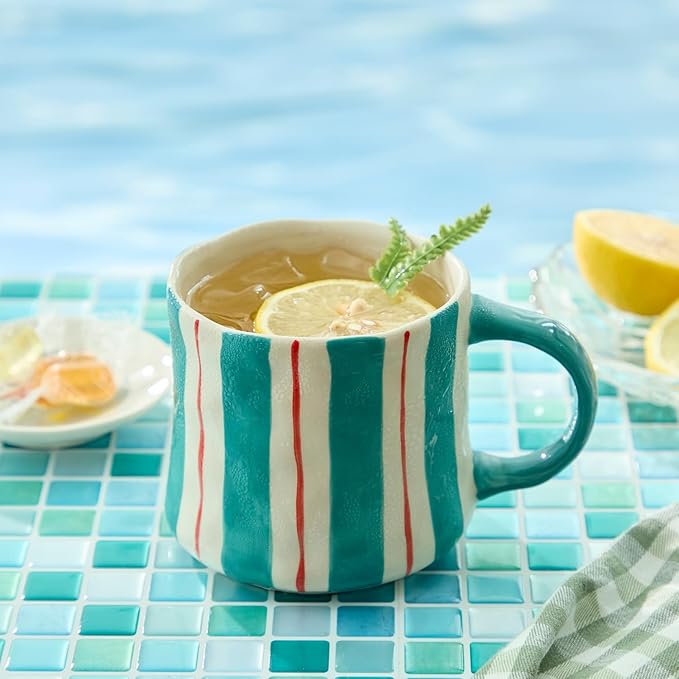 Stripe Ceramic Coffee Mugs, 12oz Vibrant Striped Red and Green Alternating by DelightsGalore