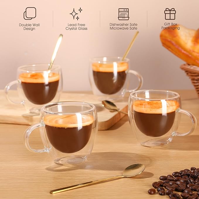 VENVENWEAVS Espresso Cups Set Of 4, Double Wall 5OZ Hand Blown coffee Shots - Image 3