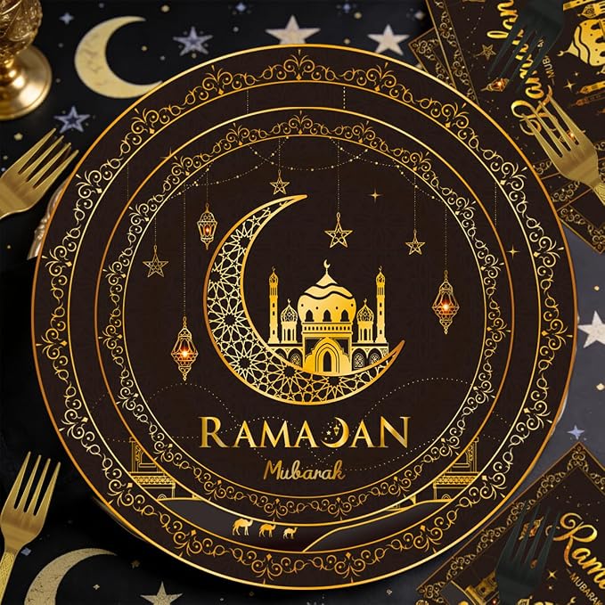 EUOYUFO 96Pcs Ramadan Party Tableware Set Eid Ramadan Mubarak Paper Plates - Image 5