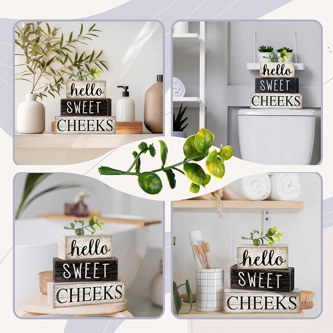 Moucuny 4 Pcs Bathroom Shelf Decor Hello Sweet Cheeks Sign Farmhouse Bathroom - Image 5