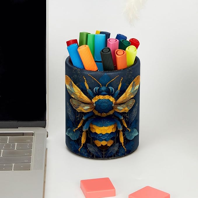 Leather Pen Holder for Desk, Bee Pencil Cup Pen Organizer Makeup Brush Holder - Image 5