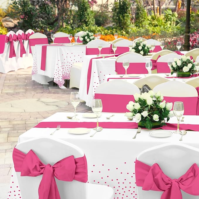 MASHAN 8Pack Disposable Plastic Party Tablecloths & Satin Table Runner Set - Image 6
