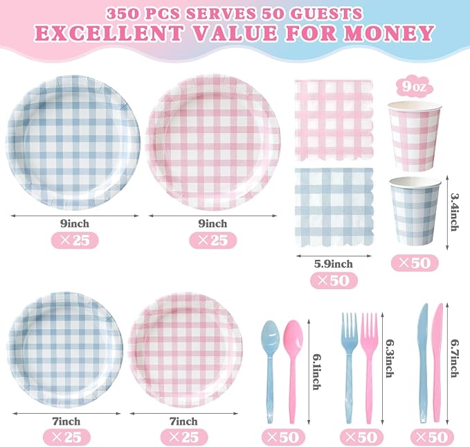 Vyntra 350 Pcs Pink & Blue Gingham Paper Plates and Napkins Set - Image 4